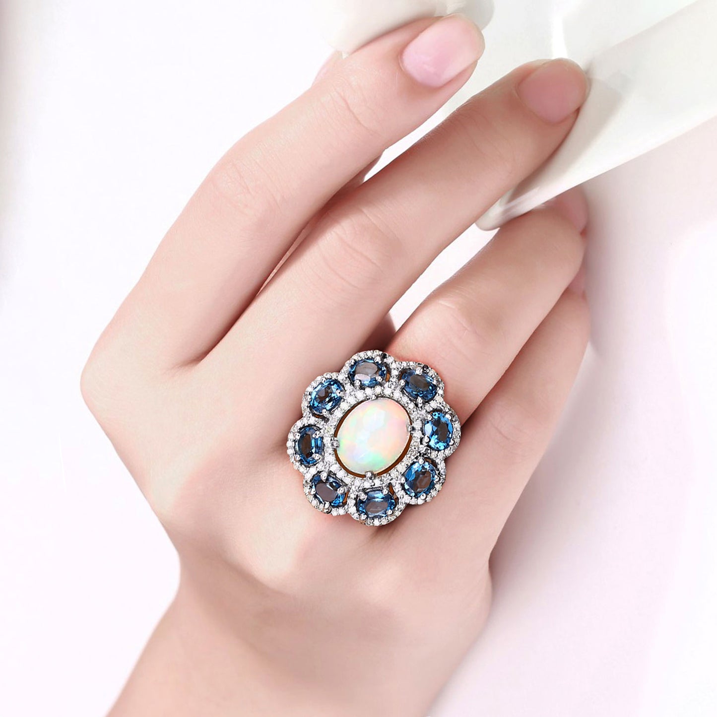 Opal Ring With London Blue Topaz 6.34 Carats Sterling Silver