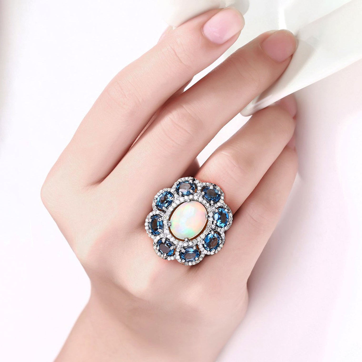 Opal Ring With London Blue Topaz 6.34 Carats Sterling Silver