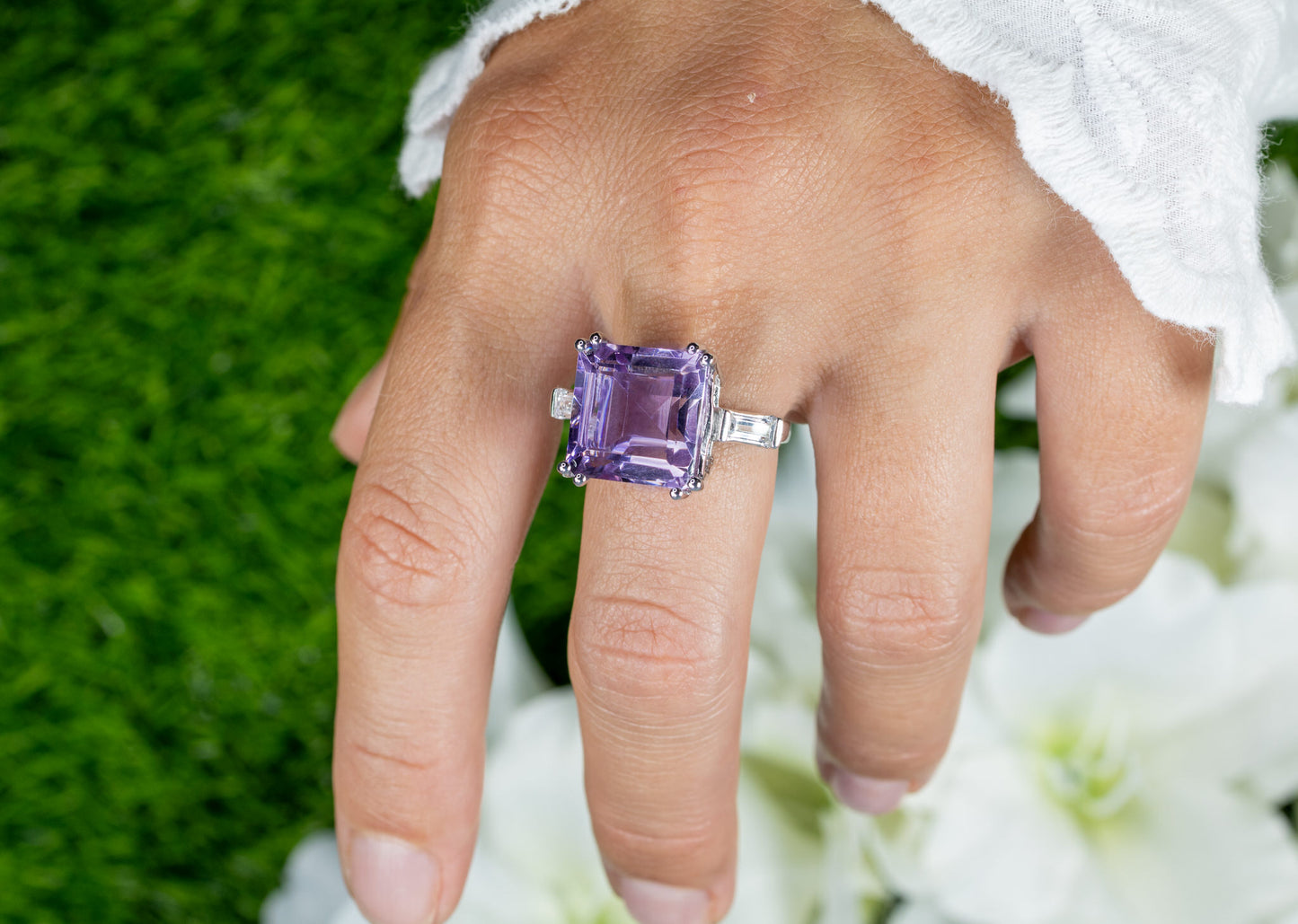 Pink Amethyst Ring White Topaz 8.29 Carats Sterling Silver