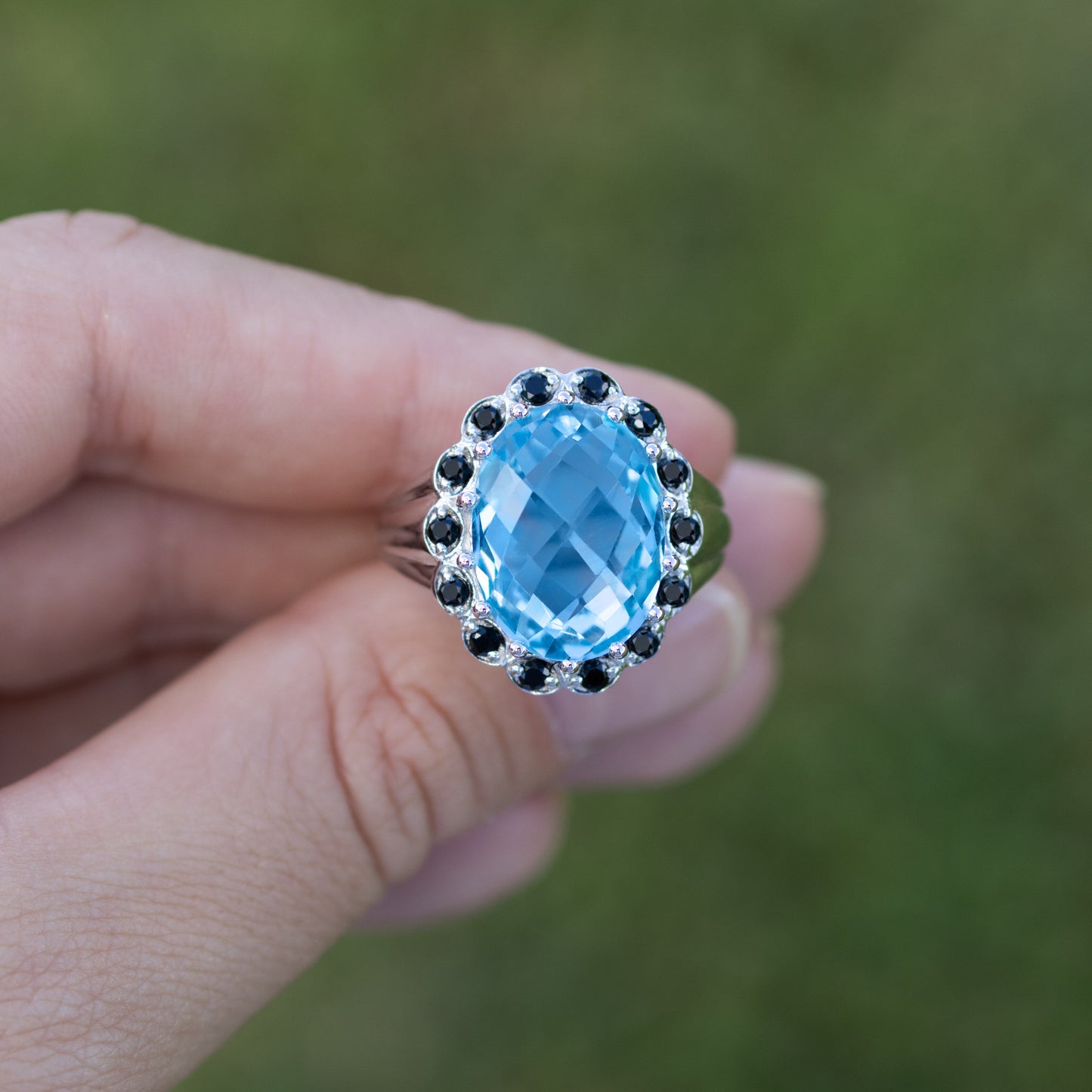 Blue Topaz Ring Black Spinel 12.4 Carats Sterling Silver