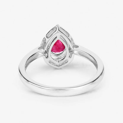 Pear Ruby Ring With Diamonds 0.92 Carats 14K White Gold