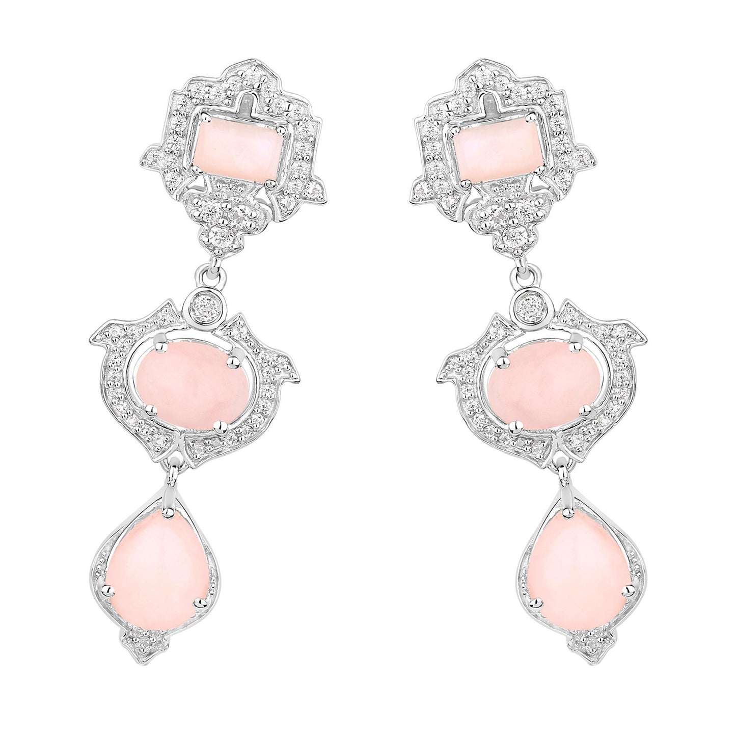 Pink Opal Dangle Earrings White Topaz 6.9 Carats Silver
