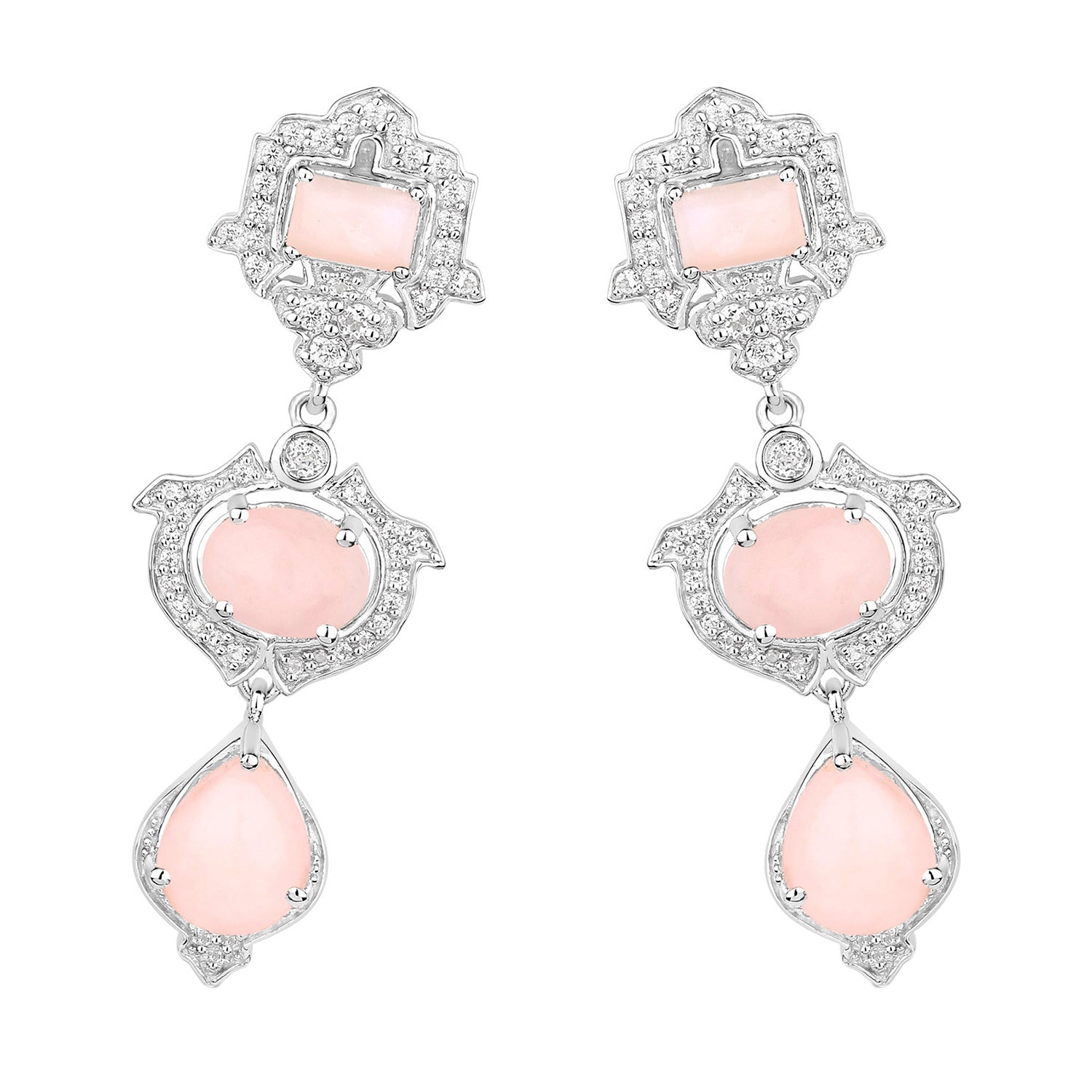 Pink Opal Dangle Earrings White Topaz 6.9 Carats Silver