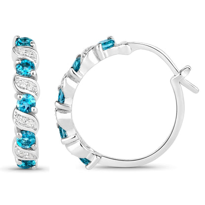 London Blue Topaz Hoop Earrings With White Topaz 1.44 Carats Sterling Silver