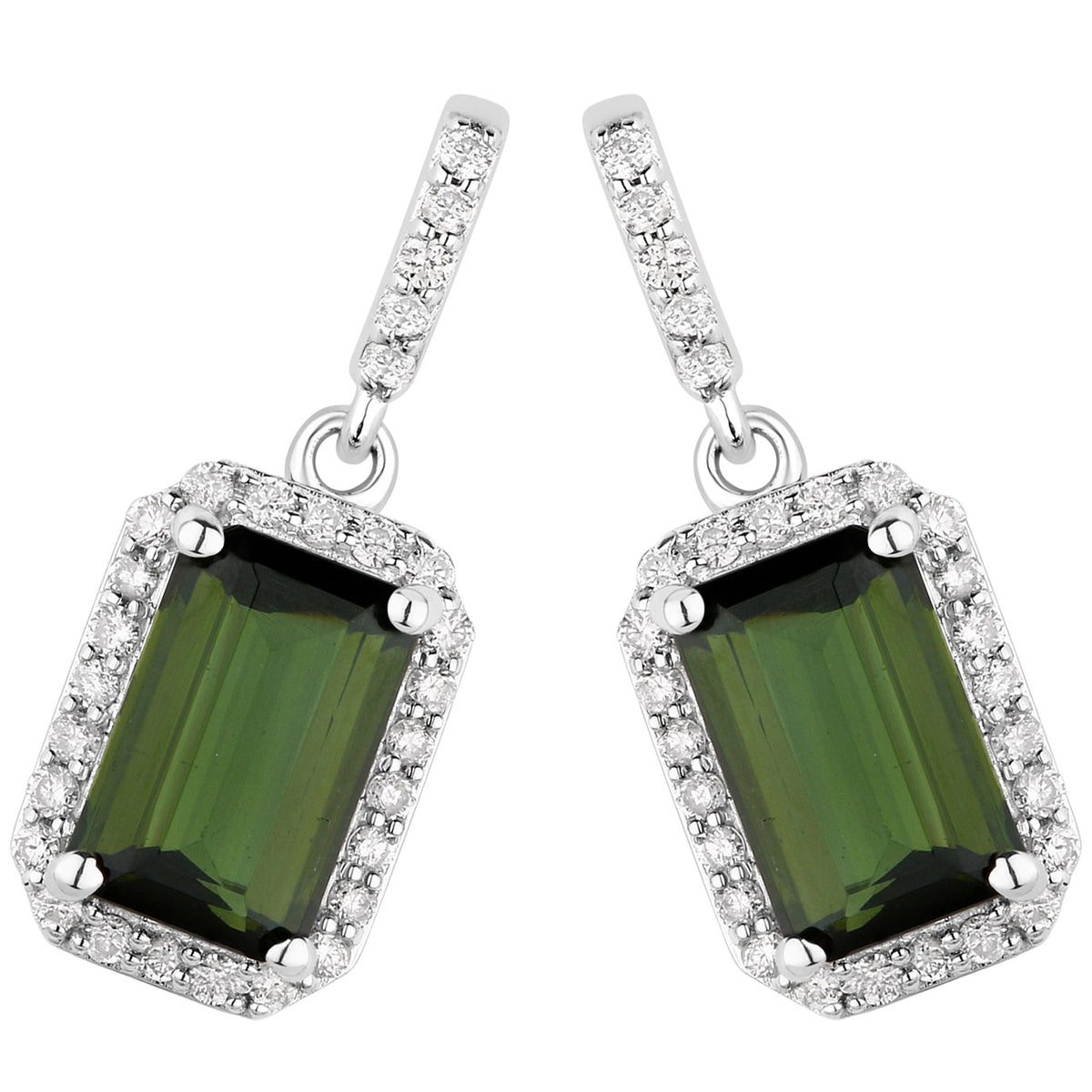 Green Tourmaline Earrings With Diamonds 2.72 Carats 14K White Gold