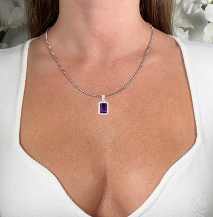 Amethyst Pendant Necklace Diamond Halo 5.34 Carats Sterling Silver