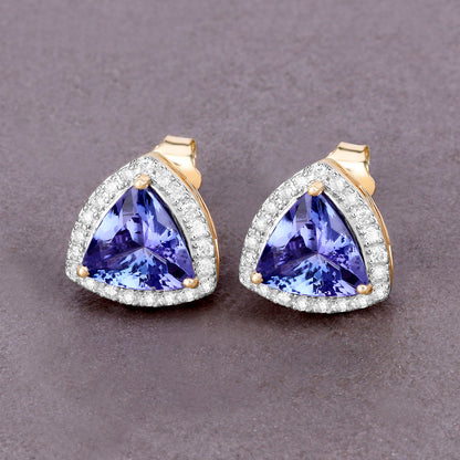 Tanzanite Stud Earrings With Diamonds 3.82 Carats 14K Yellow Gold