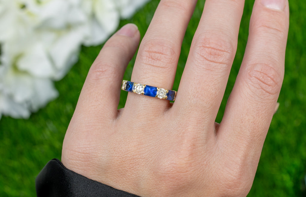 Blue Sapphires Diamonds Half Eternity Band Ring 3.29 Carats 18K Yellow Gold