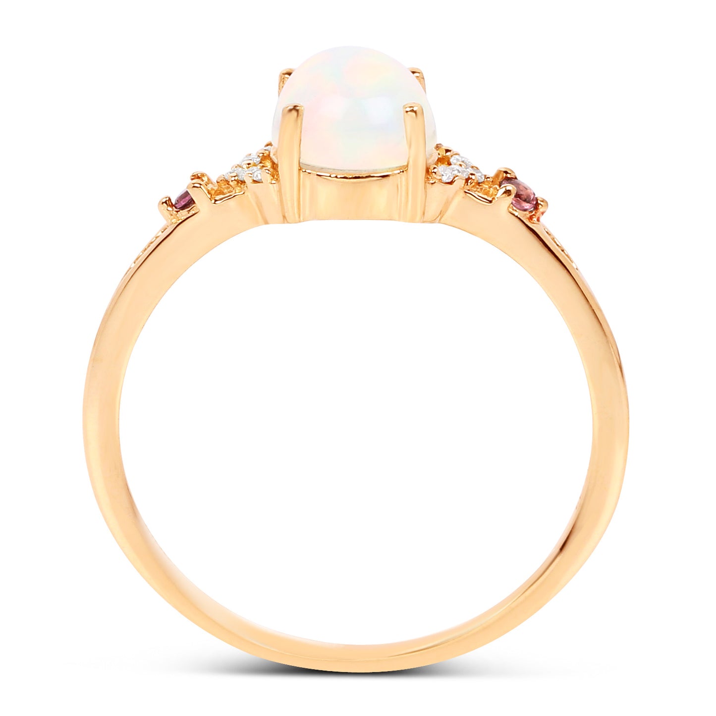 Ethiopian Opal Ring Pink Tourmalines Diamonds 0.56 Carats 14K Yellow Gold