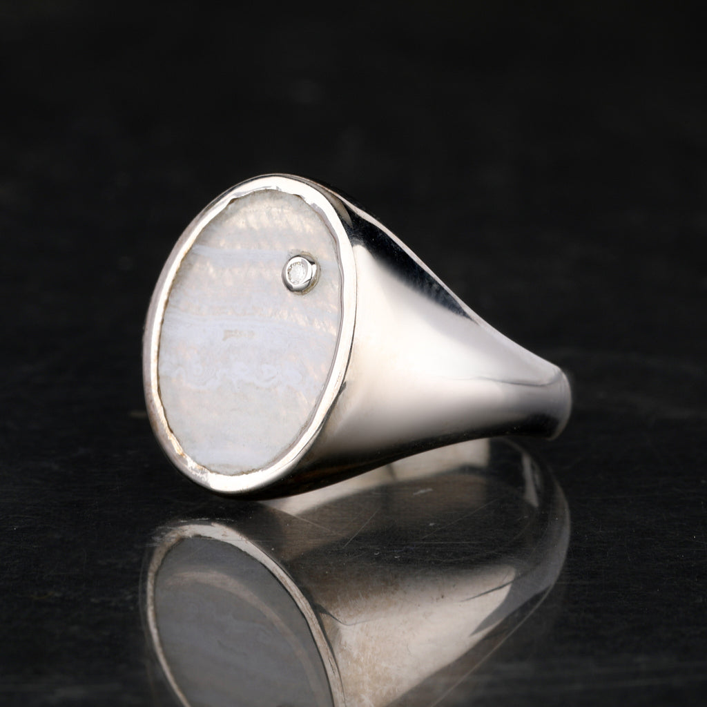 Blue Lace Agate Ring With Diamonds 1.68 Carats Sterling Silver