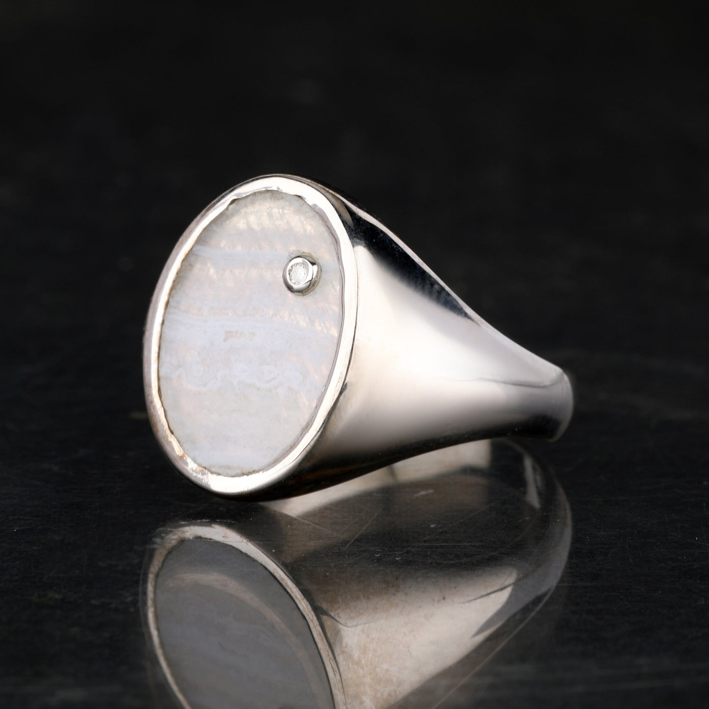 Blue Lace Agate Ring With Diamonds 1.68 Carats Sterling Silver
