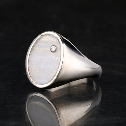 Blue Lace Agate Ring With Diamonds 1.68 Carats Sterling Silver