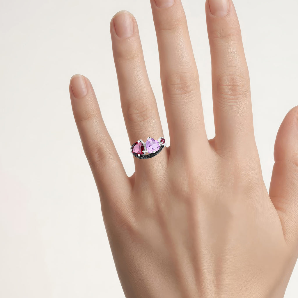Rhodolite Garnet Heart Ring Amethyst and Black Spinel 4 Carats Sterling Silver