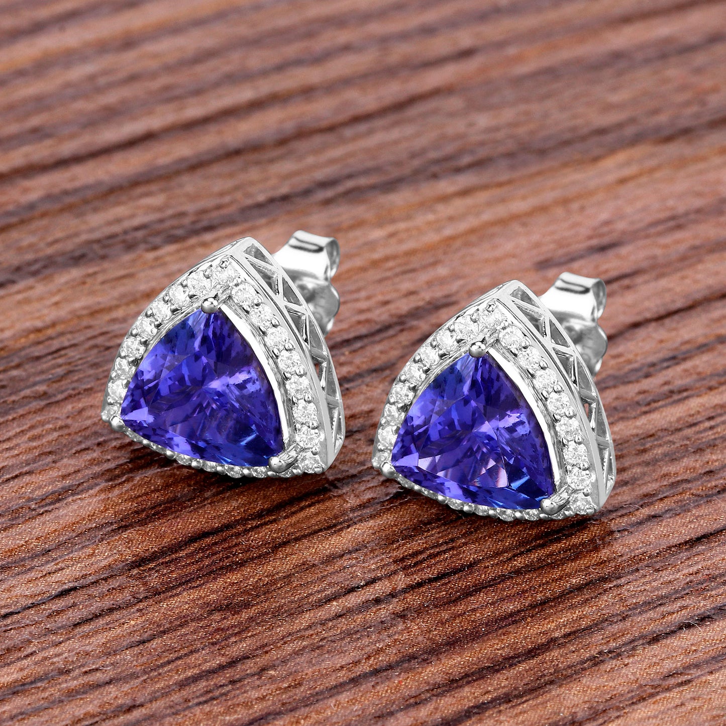 Tanzanite Stud Earrings With Diamonds 4.6 Carats 14K White Gold