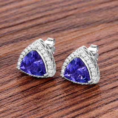 Tanzanite Stud Earrings With Diamonds 4.6 Carats 14K White Gold