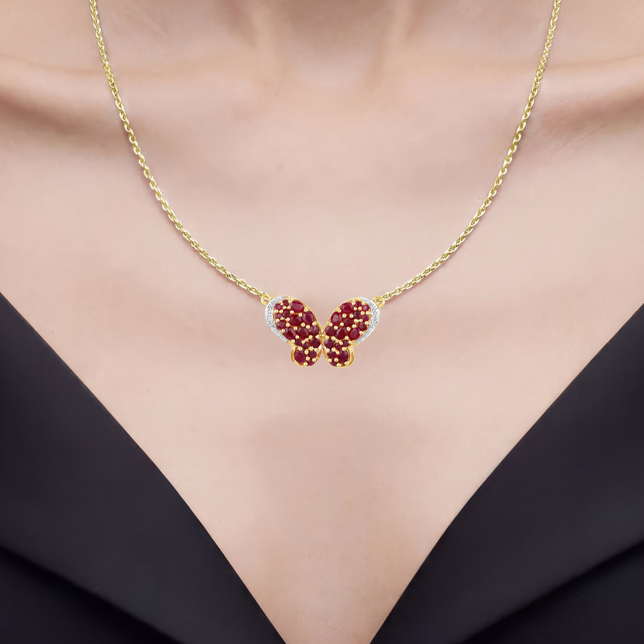 Ruby Butterfly Pendant With White Zircon 4.08 Carats Gold Plated Silver