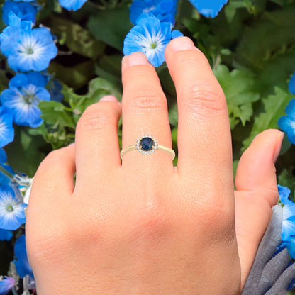 Natural Ceylon Blue Sapphire Ring With Diamonds 0.77 Carats 9K Yellow Gold