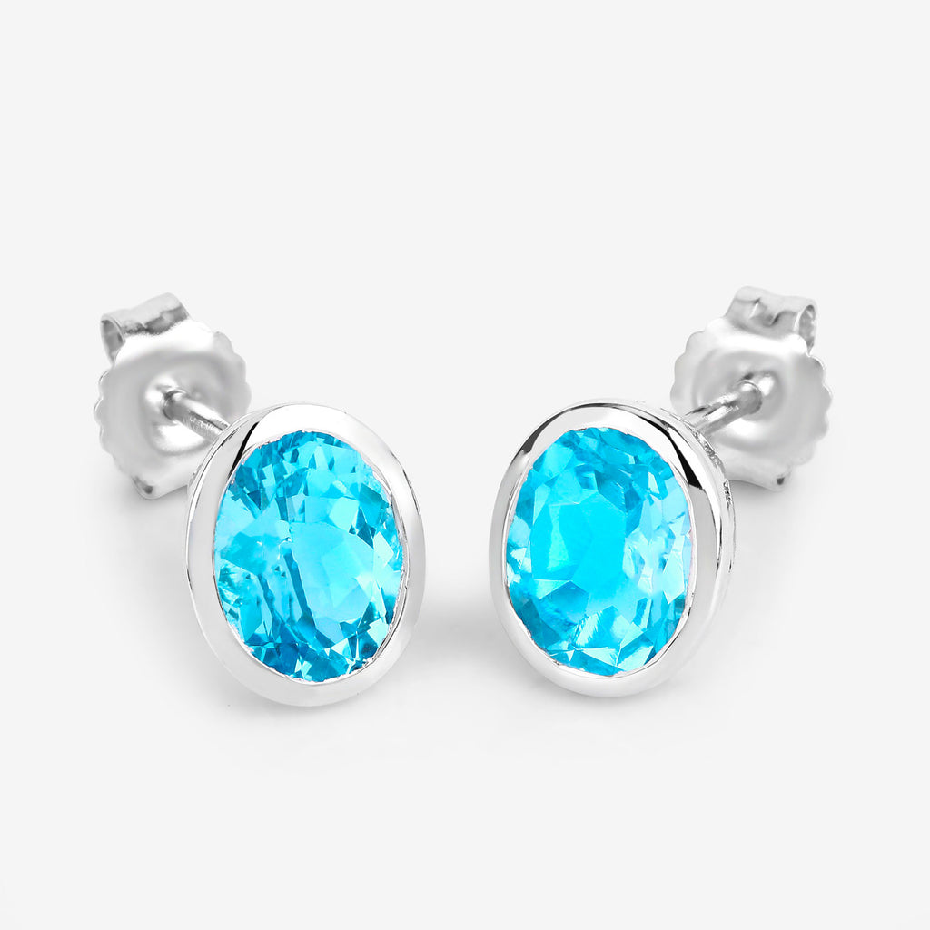 Swiss Blue Topaz Earrings 4 Carats Bezel Set Sterling Silver
