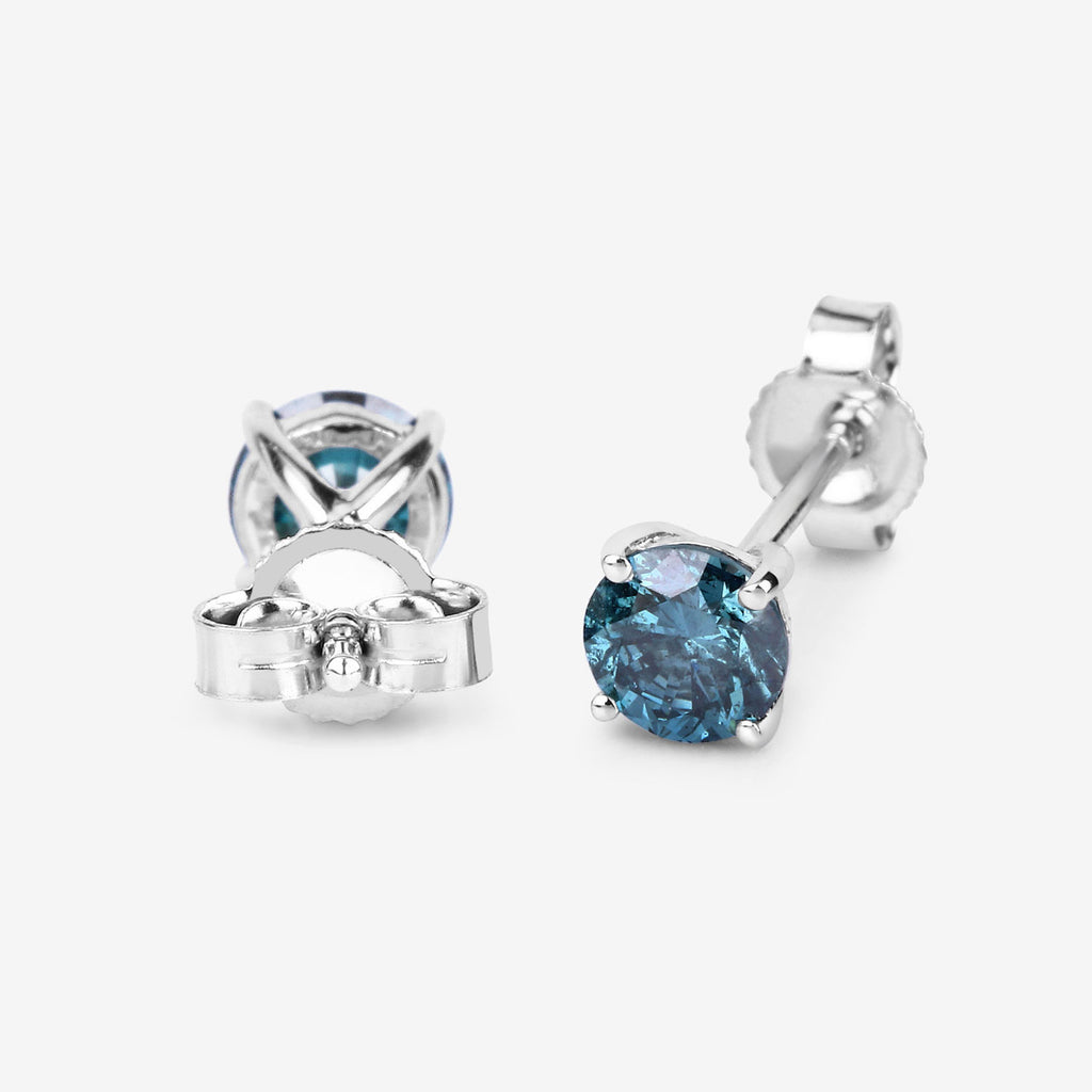 Blue Diamond Stud Earrings 0.8 Carats 14K White Gold