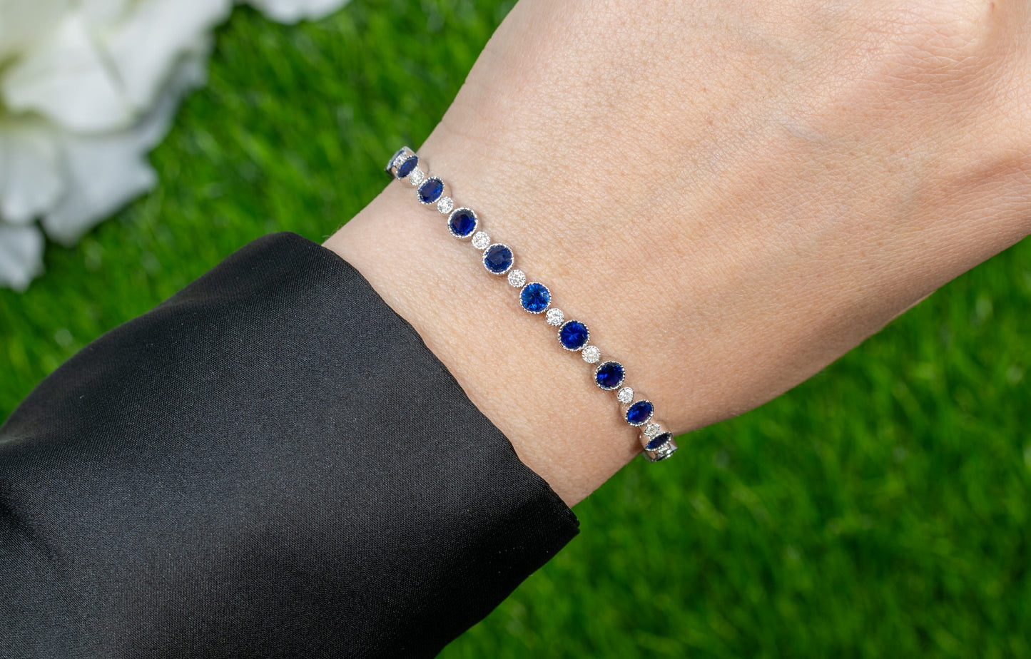 Blue Sapphire Tennis Bracelet Diamond Links 6 Carats 18K White Gold