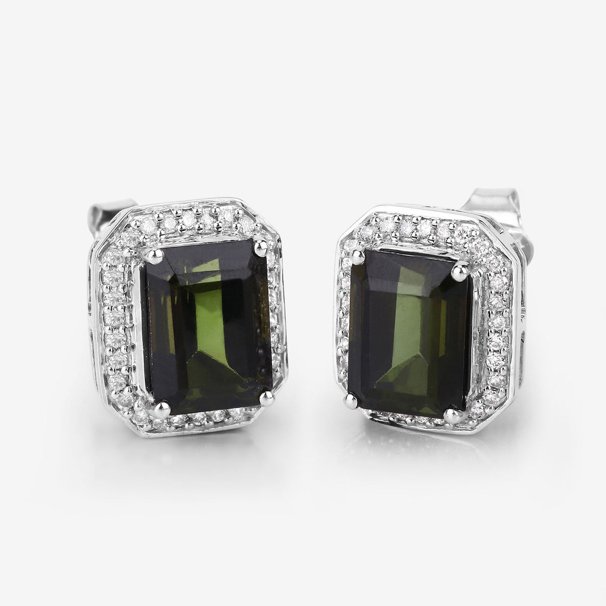 Green Tourmaline Stud Earrings With Diamonds 3.54 Carats 14K White Gold