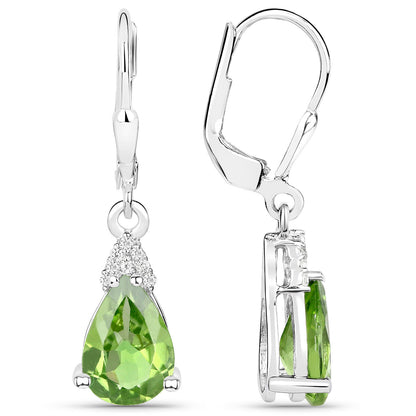 Peridot Dangle Earrings White Zircon 2.80 Carats 18K White Gold Plated Silver