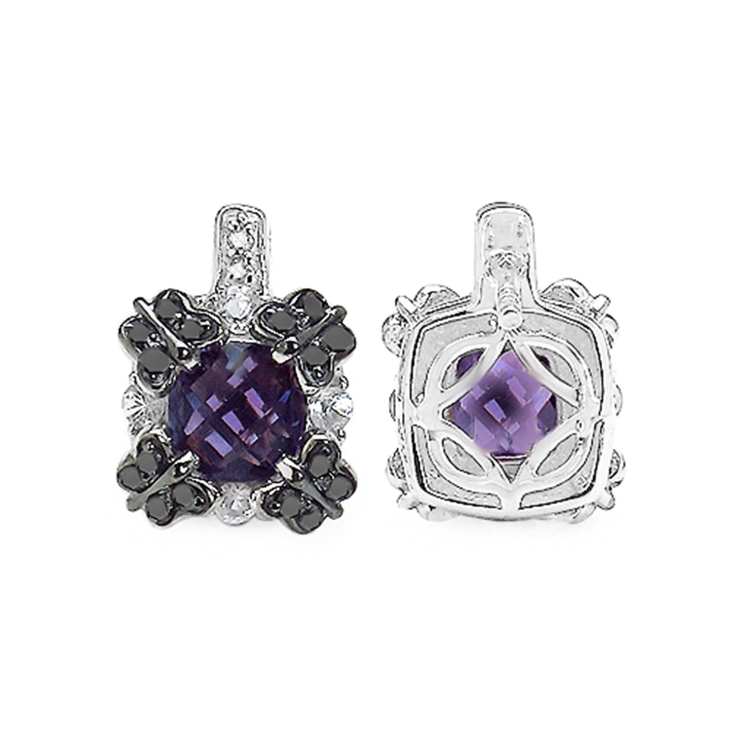 Amethyst Sapphire Black Diamond Stud Earrings 2.6 Carats Silver