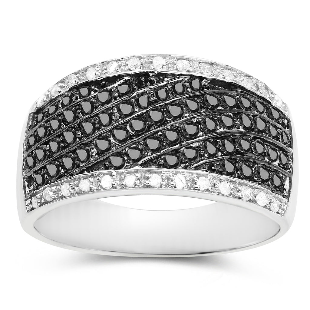 Black Diamond Cluster Ring White Diamonds 0.78 Carats Sterling Silver
