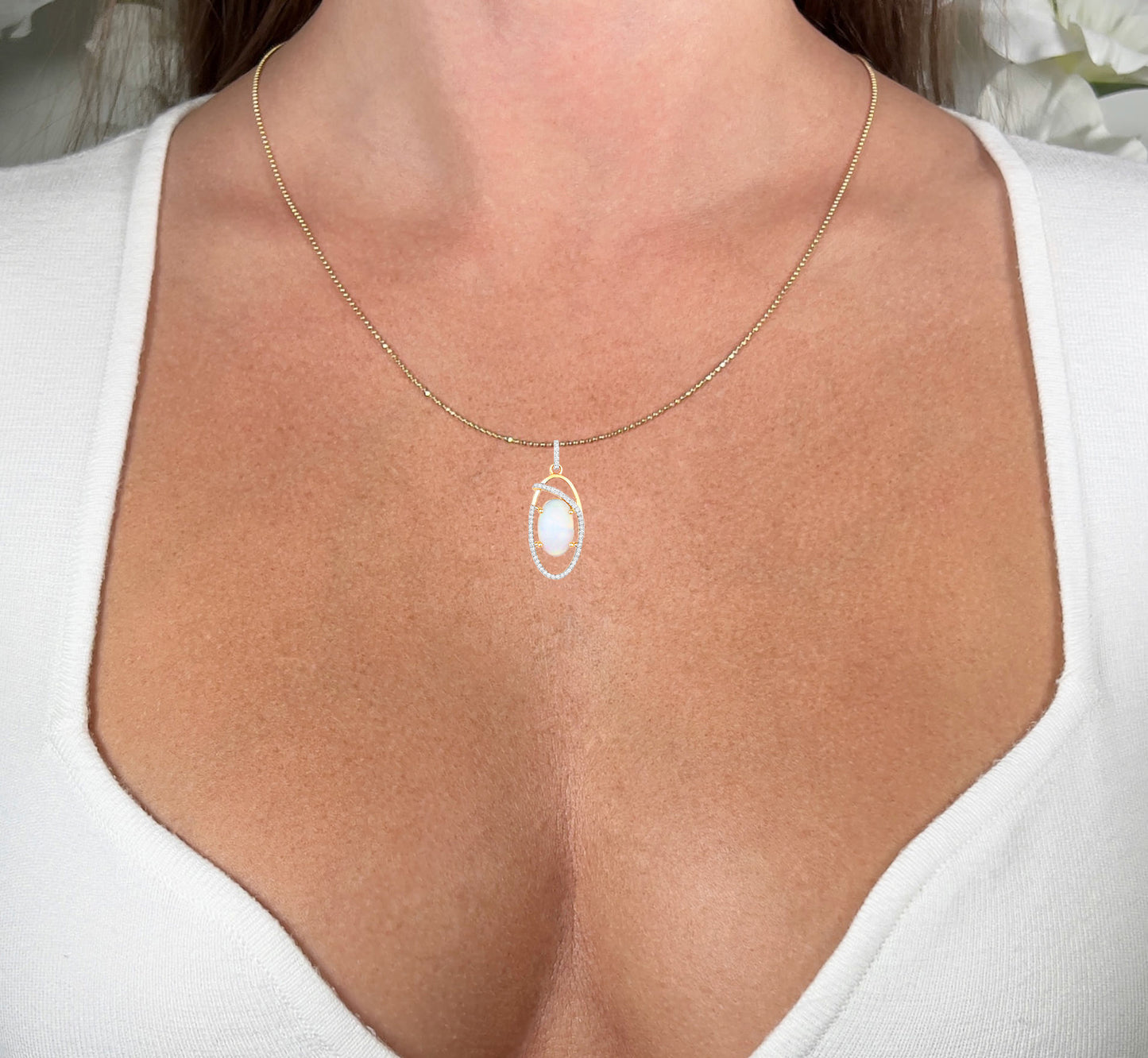 Natural Ethiopian Opal Pendant Necklace Diamond Setting 3.63 Carats 14K Gold