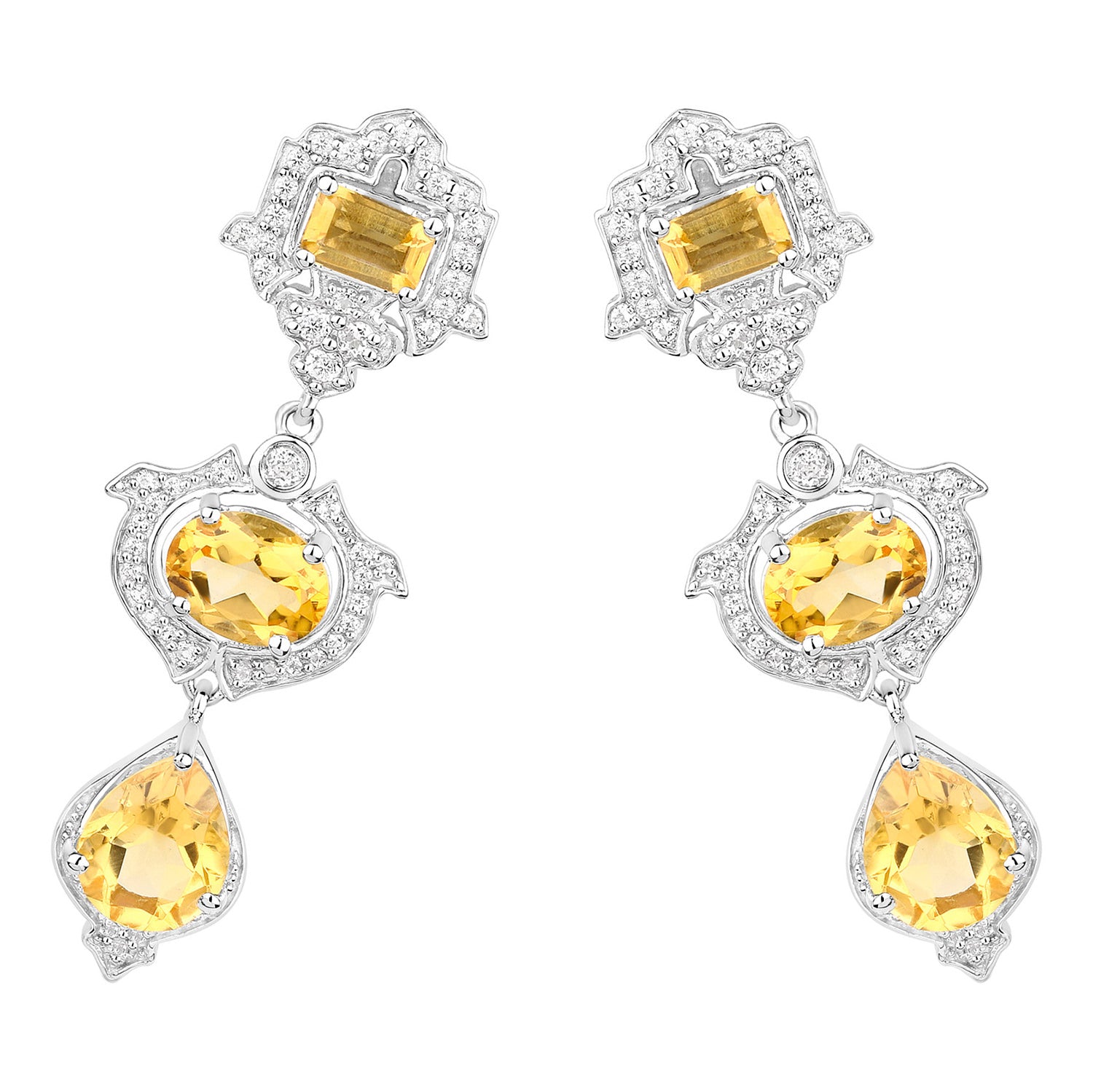 Citrine Earrings With White Topaz 6.6 Carats Sterling Silver