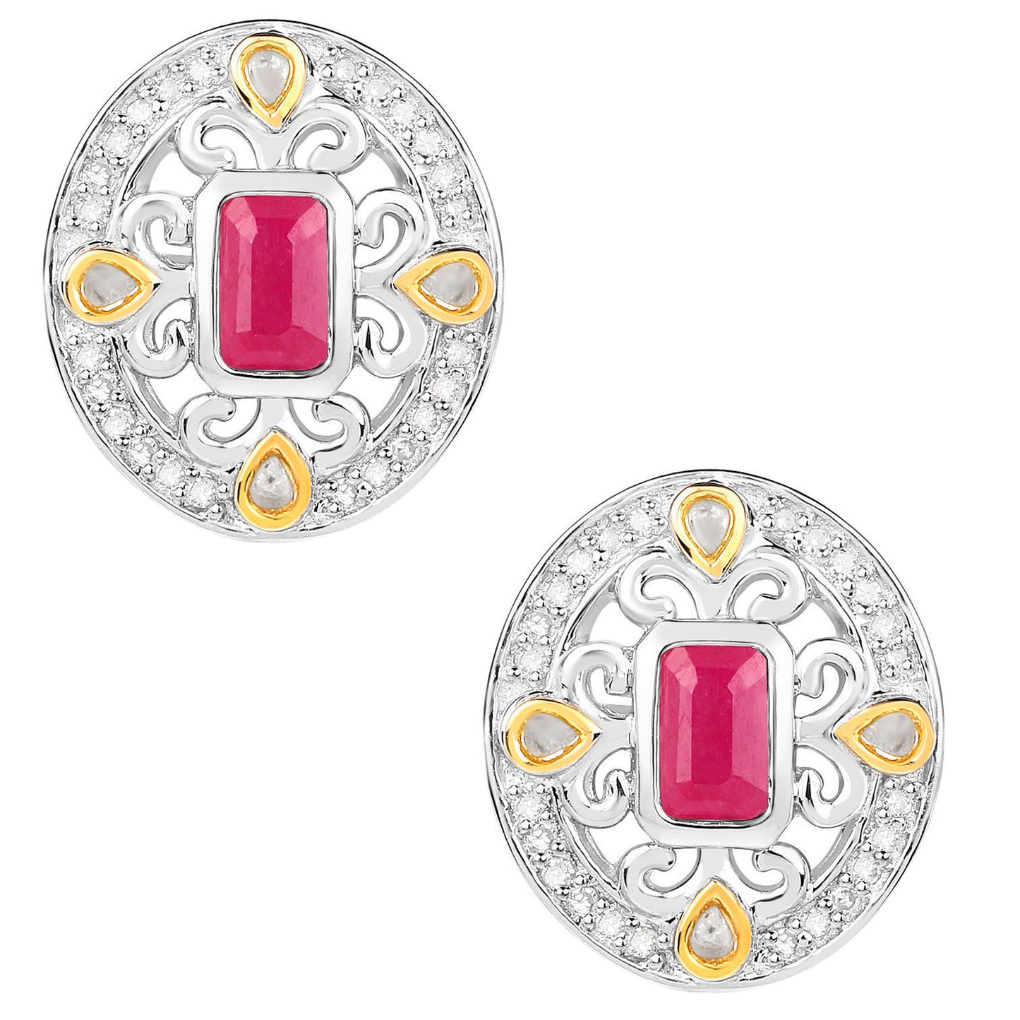 Ruby Earrings Halo Diamonds 0.7 Carats 18K Yellow Gold Plated Silver