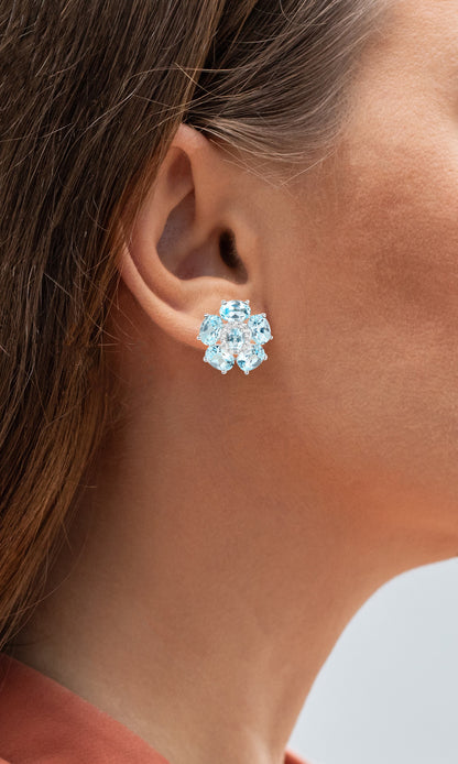 Blue Topaz Floral Earrings White Topaz 10.5 Carats 18K White Gold Plated Silver