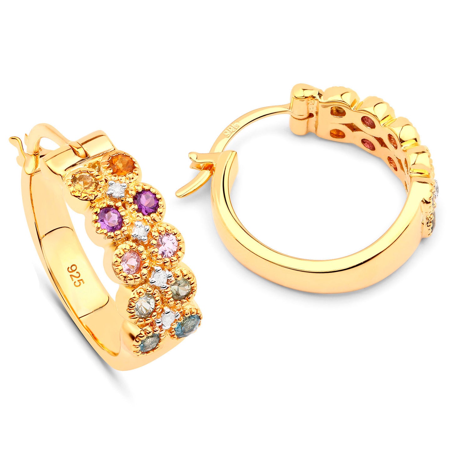 Multicolor Gemstones Hoop Earrings With Diamonds 18K Yellow Gold Plated