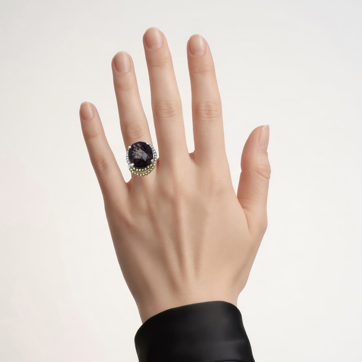 Smoky Quartz Ring With Yellow Diamonds 4.36 Carats Sterling Silver