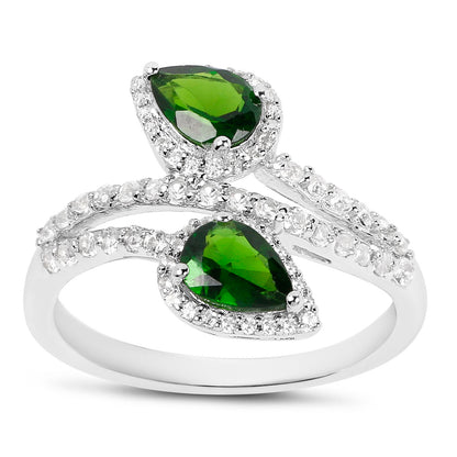 Chrome Diopside Bypass Ring White Topaz 2.22 Carats Sterling Silver