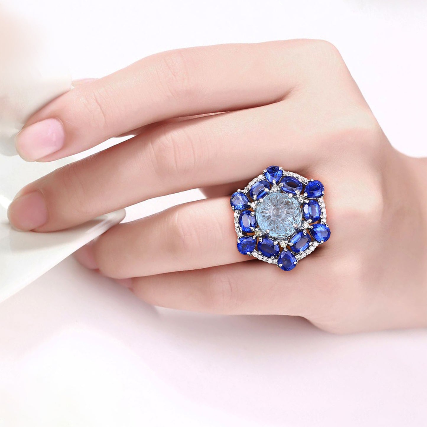 Aquamarine Ring With Kyanite 9.76 Carats Sterling Silver