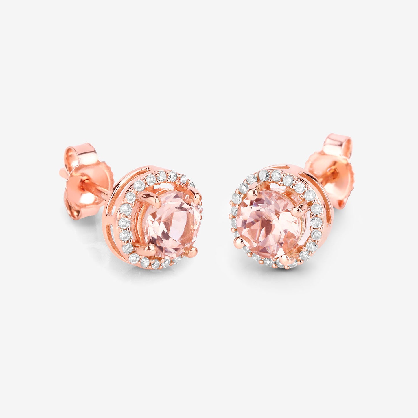 Morganite Stud Earrings With Diamonds 0.9 Carats 14K Rose Gold