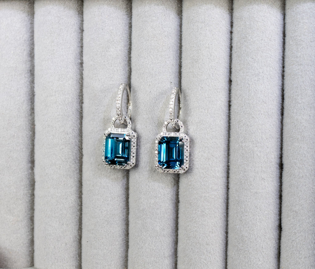 London Blue Topaz Dangle Earrings Diamonds 7.95 Carats Sterling Silver