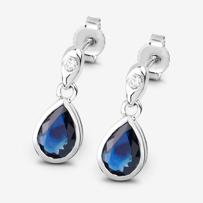 Blue Sapphire Dangle Earrings Diamonds 1.64 Carats 10K White Gold