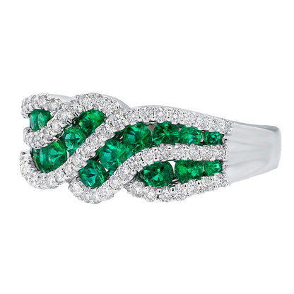 Emeralds and Diamonds Wave Band Ring 18K White Gold