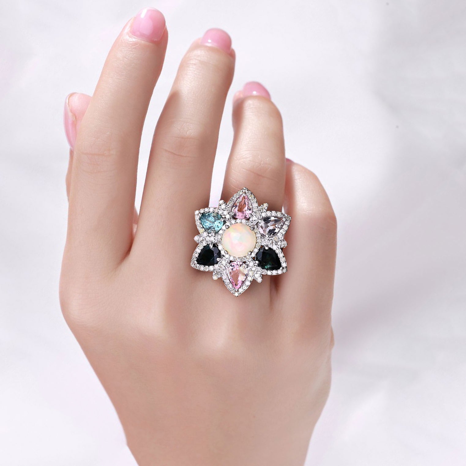 Opal Ring With Multicolor Tourmaline 5.62 Carats Sterling Silver