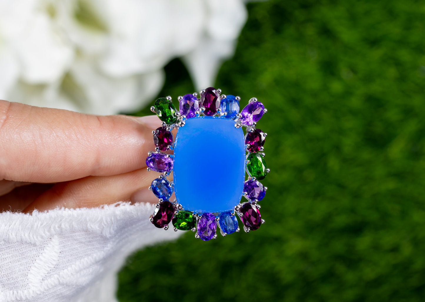 Blue Chalcedony Ring Amethyst Rhodolite Chrome Diopside Kyanite 26 Carats