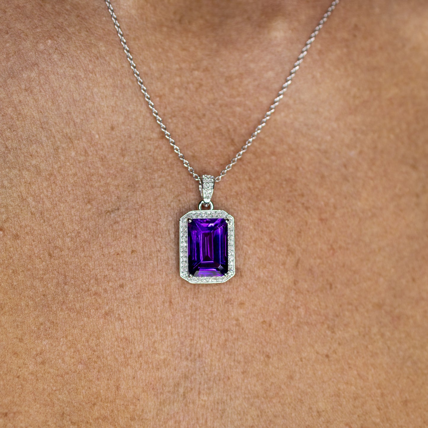 Amethyst Pendant Necklace Diamond Halo 5.34 Carats Sterling Silver