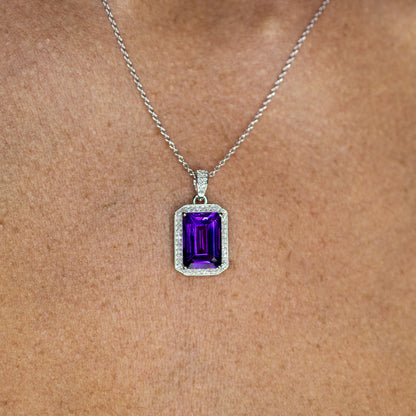 Amethyst Pendant Necklace Diamond Halo 5.34 Carats Sterling Silver