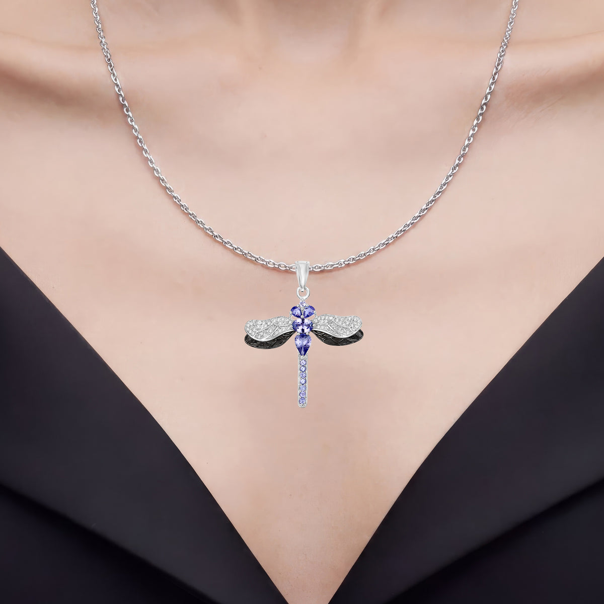 Tanzanite Dragonfly Pendant With White Zircon 1.9 Carats Sterling Silver