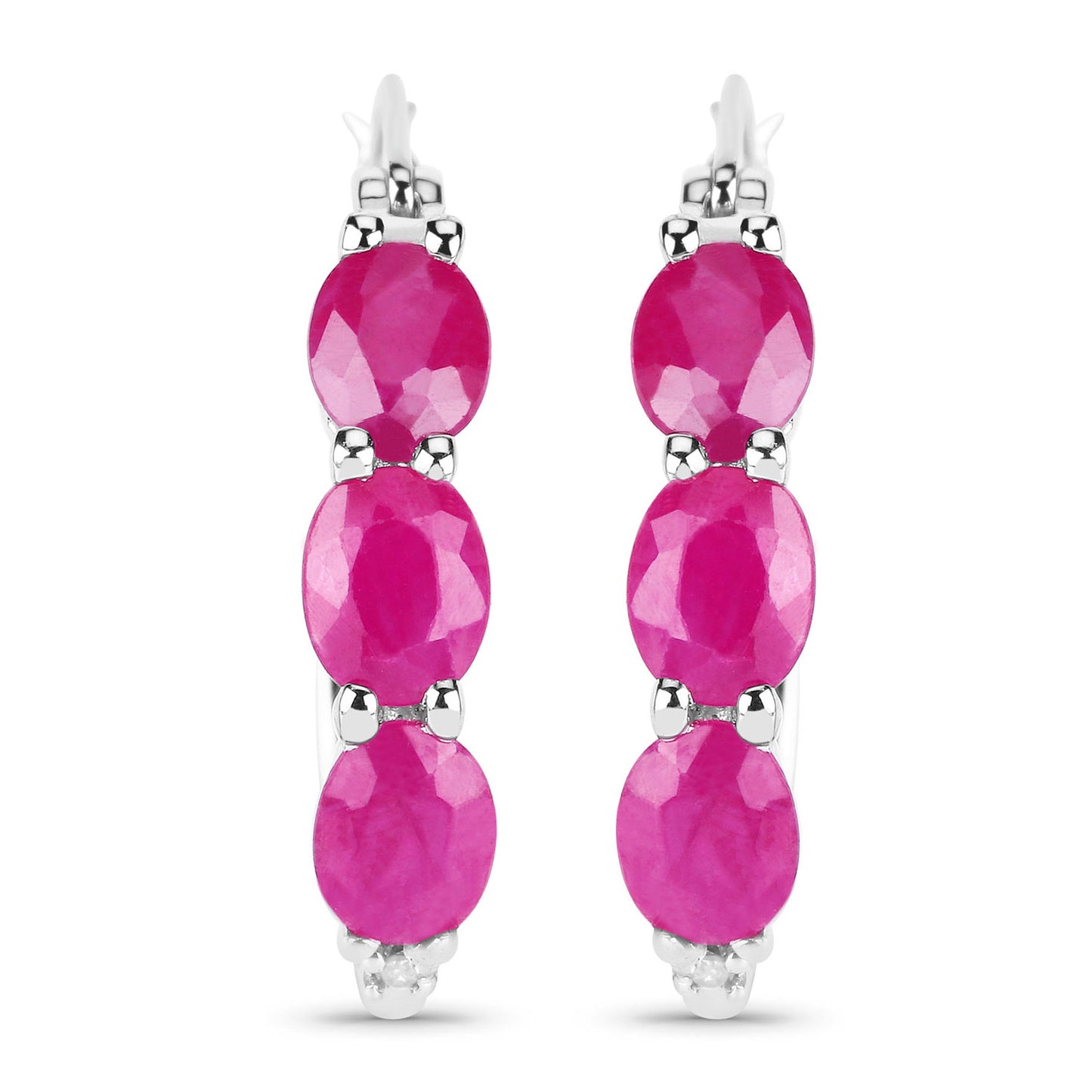 Natural Ruby Hoop Earrings With Diamonds 1.79 Carats Sterling Silver