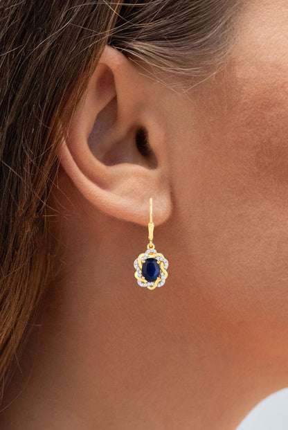 Natural Blue Sapphire Earrings With White Topaz 3.42 Carats Gold Plated Silver