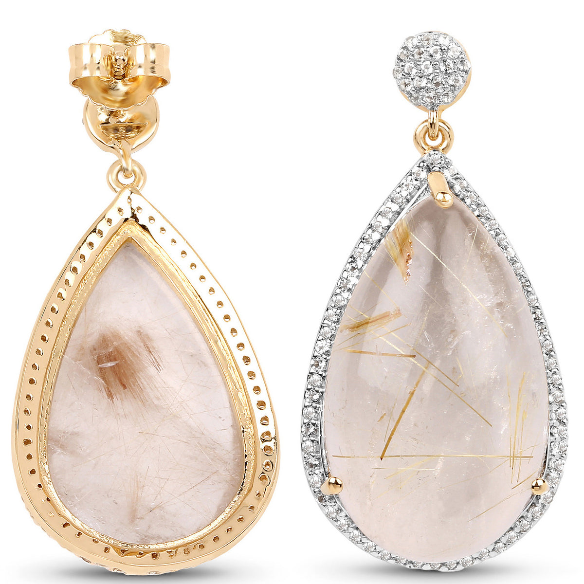 Golden Rutile Earrings With White Topaz 35.1 Carats Gold Plated Silver