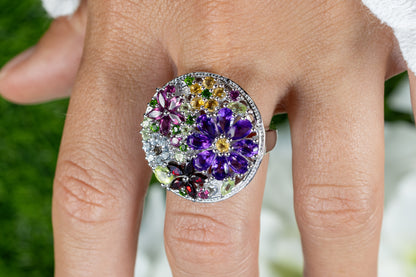 Multicolored Gemstones Flower Ring Amethyst Peridot Garnet Topaz Citrine