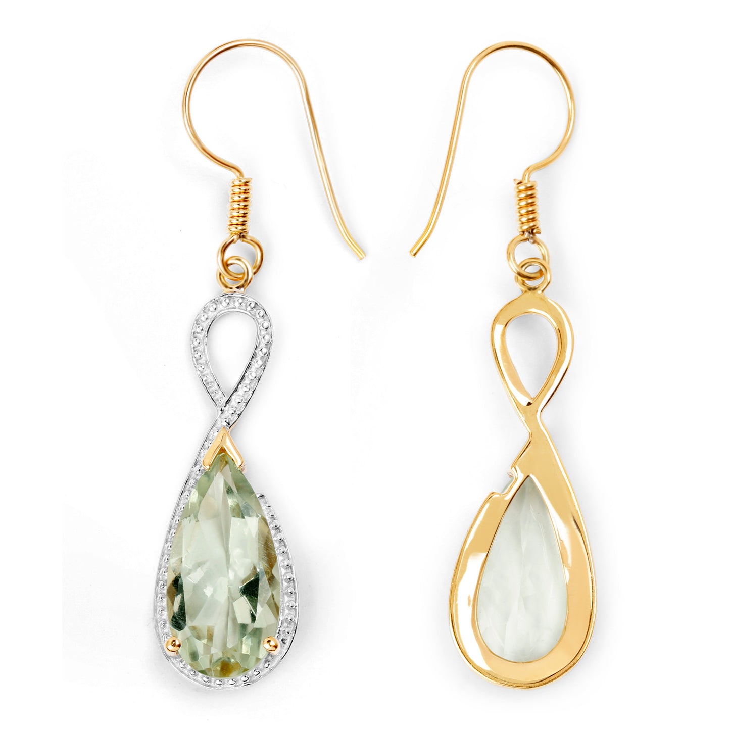 Green Amethyst Dangle Earrings 10 Carats 14K Yellow Gold Plated Silver
